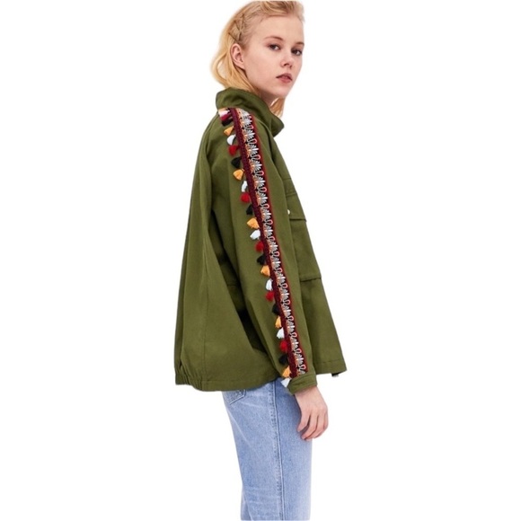 ZARA Greenish Parka w/ High Collar Colorful Trim w/ Tassels Size S/M - Picture 1 of 7